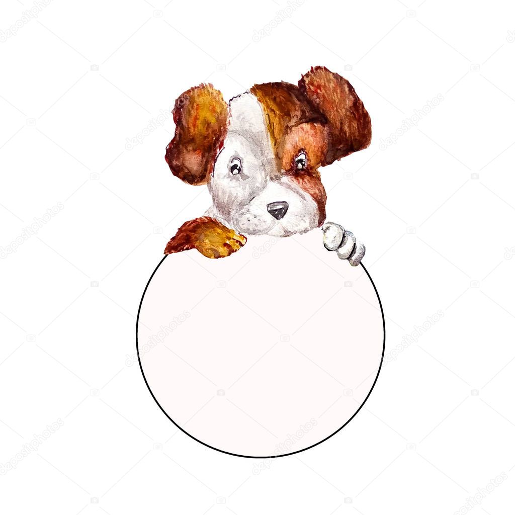 Little puppy jack russell terrier hanging their paws over a white circle banner. Dog holding round empty frame with copy space for text. Watercolor style in white background, isolated 