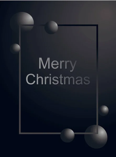 Merry christmas greeting card silver text and gray ball in gradient vertically frame on matte black background. Vector illustration. Happy New Year 2020 flyer or poster design — Stock Vector