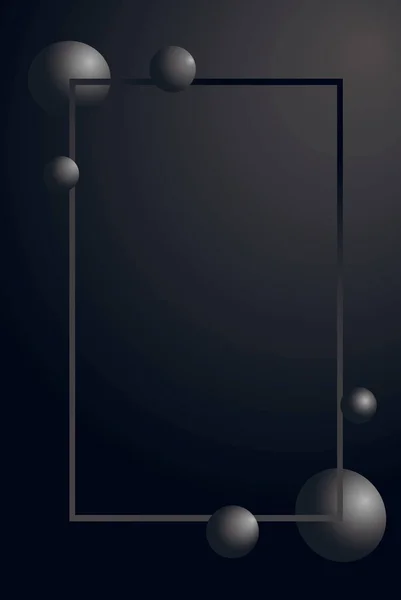 Black matte vertical frame with 3d flowing black spheres. Abstract vector illustration of black balls cluster. Modern trendy concept. Dynamic decoration element. Futuristic poster or cover design