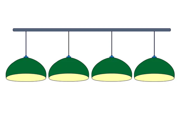 四个绿色台球灯以黄灯关闭。行绿色挂4盏灯台球为台球桌照明。隔离在白色背景上。矢量简单平面插图. — 图库矢量图片