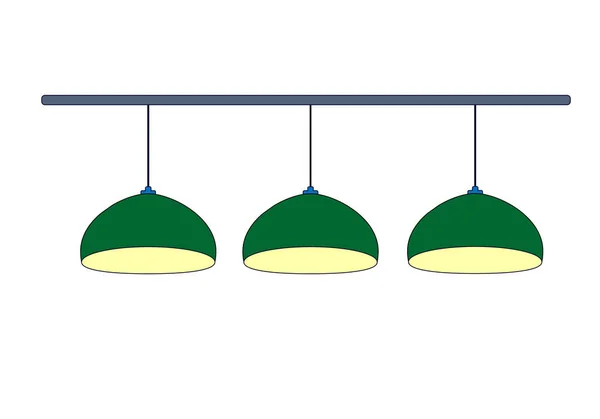 树绿色台球灯用黄灯合上。行绿色挂3盏灯台球为台球桌照明。隔离在白色背景上。矢量简单平面插图. — 图库矢量图片
