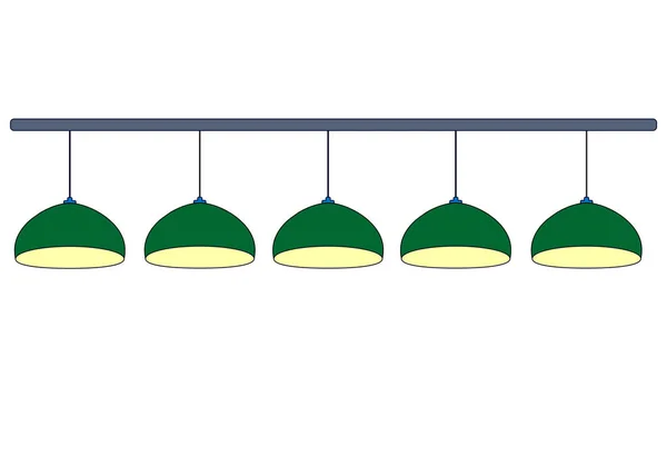 一套 5 个带黄灯的绿色台球灯。排绿色挂4盏灯照明台球桌。隔离在白色背景上。矢量简单平面插图. — 图库矢量图片