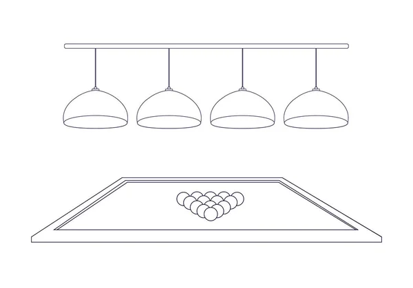 Billiard table with 4 illuminating lamps and triangle balls in the style of thin line outline. Four hanging ceiling chandeliers. Side view. Vector illustration — Stock Vector