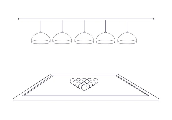 Mesa de bilhar com 5 lâmpadas iluminantes e bolas de triângulo no estilo de contorno de linha fina. Cinco lustres pendurados no tecto. Vista lateral. Ilustração vetorial —  Vetores de Stock