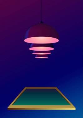 Tavan lambaları veya ampuller asmak ve gerçekçi tarzda bir bilardo masası üzerinde parlaklık. Koyu mavi arka plan. Bilardo oyunu şampiyonluğu için poster davetiyesi şablonu.