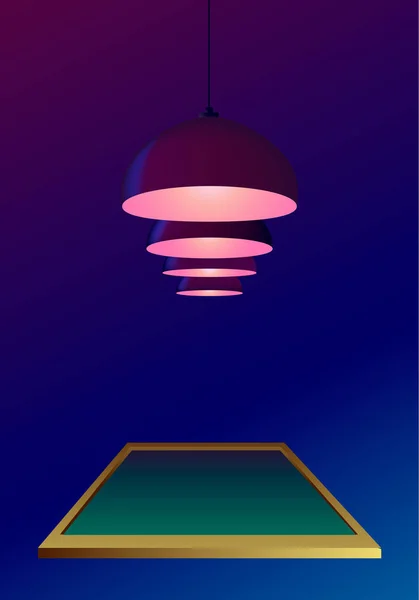 Deckenlampen oder Glühbirnen hängen und leuchten in realistischem Stil über einem Billardtisch. dunkelblauer Hintergrund. Plakateinladungsvorlage für eine Billardmeisterschaft. — Stockvektor
