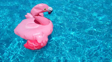 Şişme çocuk oyuncak pembe flamingo berrak mavi turkuaz dalgalanma havuz su yüzer. Metin, kopyalama alanı için bir yer var. 