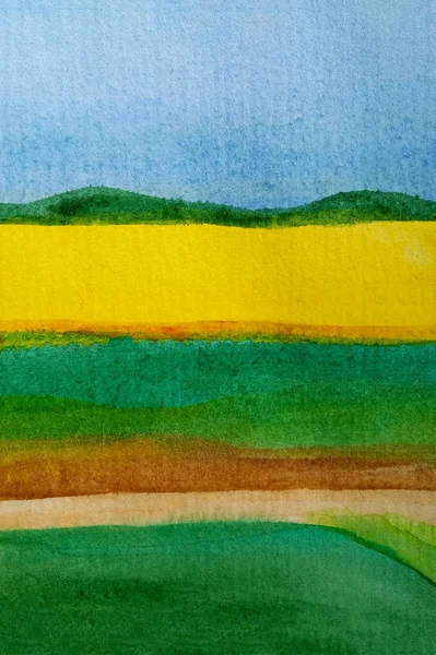 Watercolor sunny landscape with yellow sunflowers field on the horizon with blue sky and green grass meadows in front. Vertical view like colorful lines — Stock Photo, Image