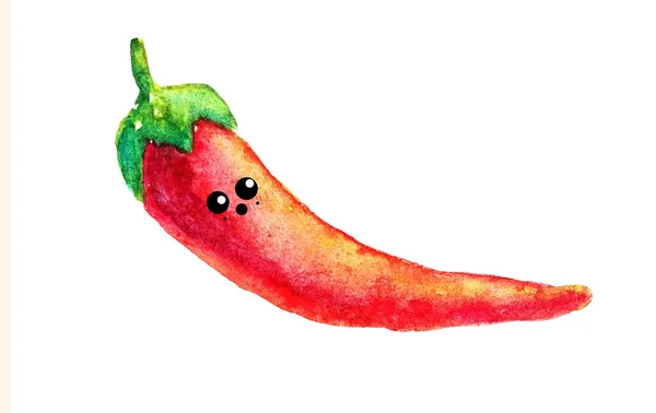 Emoticon kawaii bonito rosto de pimenta quente vermelha aquarela em um estilo de desenho animado. Surpreso ou pleazured — Fotografia de Stock