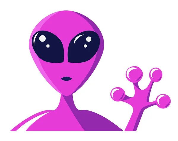 Alien púrpura neón mostrando primer signo de paz. ilustración vectorial. Cara marciana con ojos grandes. Concepto de invasión extraterrestre — Vector de stock