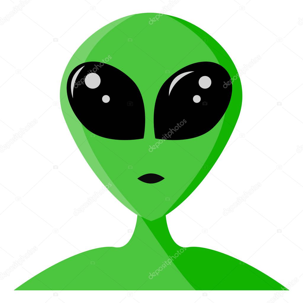 Green alien face with large black eyes. Martian portrait isolated in white background Extraterrestrial Extraterrestrial humanoid head. Vector illustration for 51 area 
