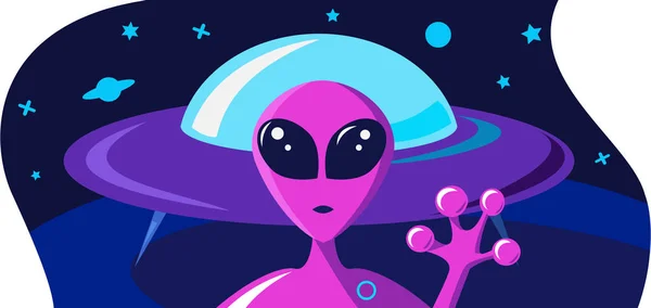 Földönkívüli üdvözöl Hand koncepció. Meghívó a tér témája a portré egy lila idegen és repülő csészealj hajó űrhajó felszínén a bolygó. Térvektor-illusztráció másolása — Stock Vector