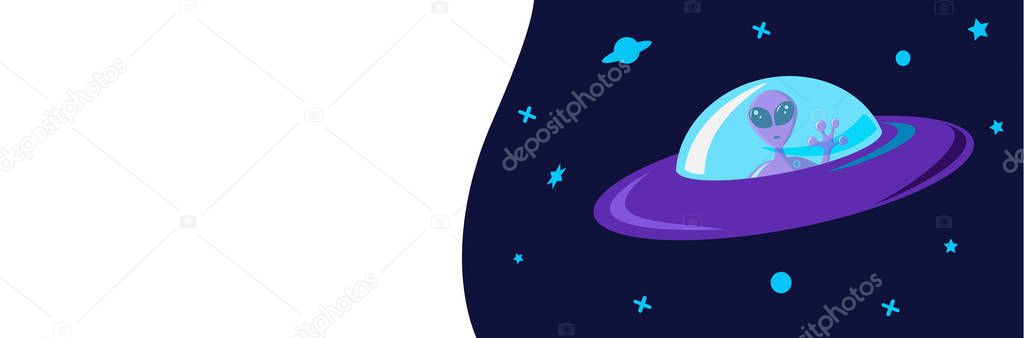 Extraterrestrial spacecraft flying saucer with an alien on board against the background of the starry sky of the galaxy. Template for invitation banners