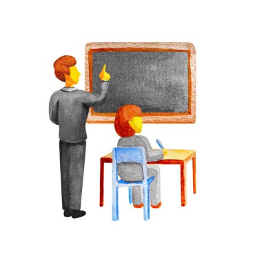 Sınıfta okul dersi. Öğretmen bir tahta gösteriyor. Öğrenci kız bir sandalyede masaya oturur ve bir kalem yazar. Okul konseptine geri dönelim. Beyaz arka plan izole, suluboya düz tarzı