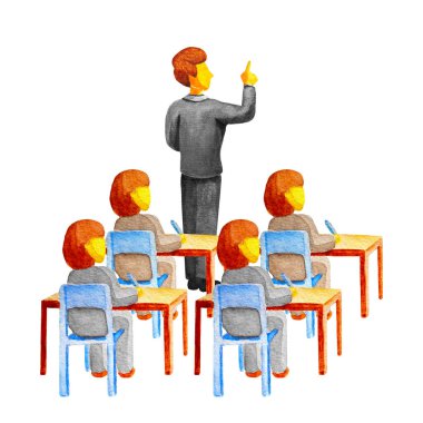 Öğretmenler günün kutlu olsun. Okul dersi. Genç bir beyaz erkek öğretmen masalarında oturan bir üniformalı dört kız bir sınıf öğretir. Beyaz arka planda izole suluboya düz tarzı