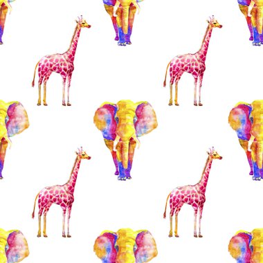 Dikişsiz tekrarlayan egzotik desen suluboya parlak renkli zürafa ve beyaz bir arka plan izole üzerinde çok renkli noktalar dan bir fil