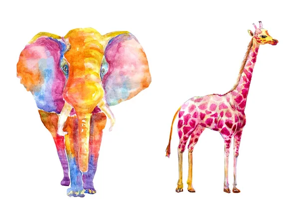 Watercolor set of bright colored giraffe and an elephant from multi-colored spots on a white background isolated