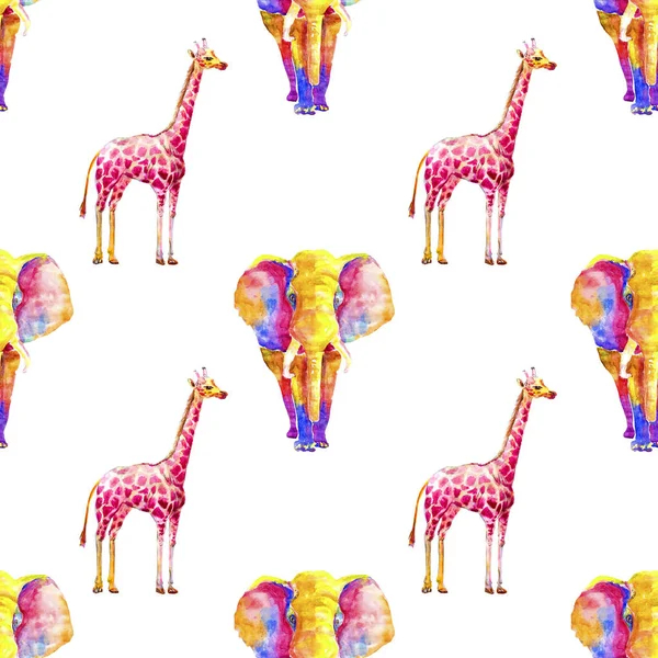Seamless repeating exotic pattern watercolor bright colored giraffe and an elephant from multicolored spots on a white background isolated