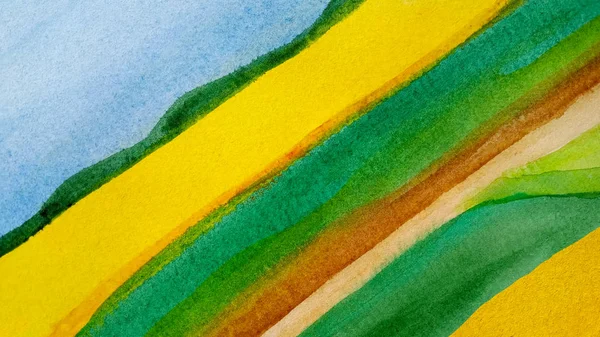 Fondo abstracto paisaje rural diagonal acuarela tiras dibujadas de cinta en azul, amarillo, verde y marrón — Foto de Stock