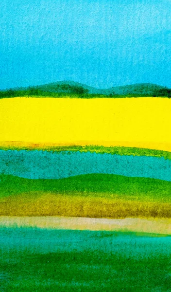 Watercolor sunny landscape with yellow brassica field on the horizon with blue sky and green grass meadows in front. — Stock Photo, Image