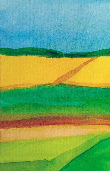 Αγροτικό αγροπολιτιστικό φθινοπωρινό τοπίο με κίτρινο χωράφι και πράσινο λιβάδι σε στυλ υδατογραφίας — Φωτογραφία Αρχείου