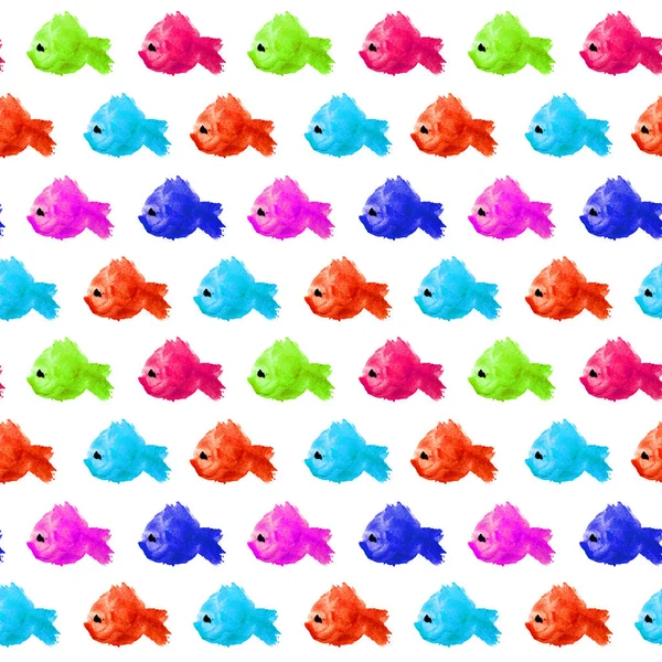 Seamless pattern of colorful and different colors watercolor piranha fishes made in the form of blots, stains in polka dots style on a white background isolated. Children's creativity. — Stock Photo, Image