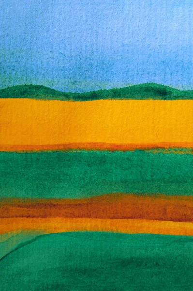 Abstract watercolor background of stripes of blue, orange and green. Fields and meadows with clear skies. Autumn harvest agricultural concept