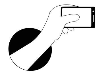 Siyah yuvarlak bir delikten elinde bir kamera ile siyah akıllı telefon. Parmaklar telefonu yatay olarak tutar ve selfie çeker. Ekranda boş kopyalama alanı. Vektör çizimi.