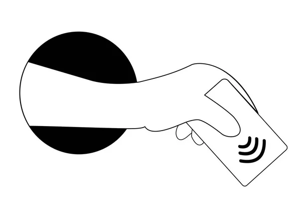 一只来自圆形黑洞的手拿着一张非接触式无线支付卡。概念支付通行证和 Nfc — 图库矢量图片