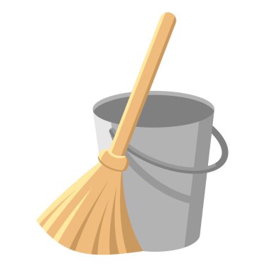 Saplı pail ve sopa ile besom. Kova ve süpürge. Çöpleri temizlemek için ev işleri aletleri. Temizlik hizmeti elemanları. Beyaz arka planda izole edilmiş. Vektör düz karikatür illüstrasyon