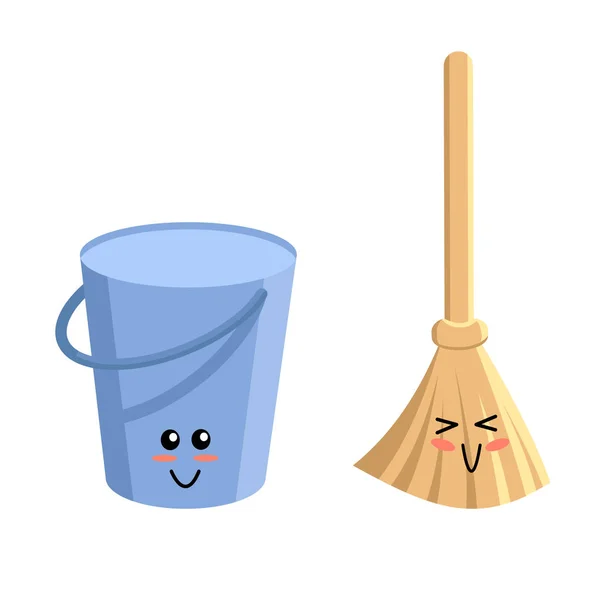 Emoji with smile. Cleaning service elements in kawaii style. Bucket and broom. Pail with handle and besom with stick. Housework tools for cleaning garbage in the house. Vector cartoon illustration. — Stock Vector