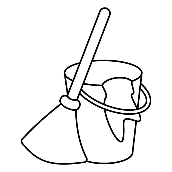 Besom with stick and pail with handle and rag. Silhouette broom, bucket and glove simple line vector style.  Concept hygiene and clean home. — Stock Vector