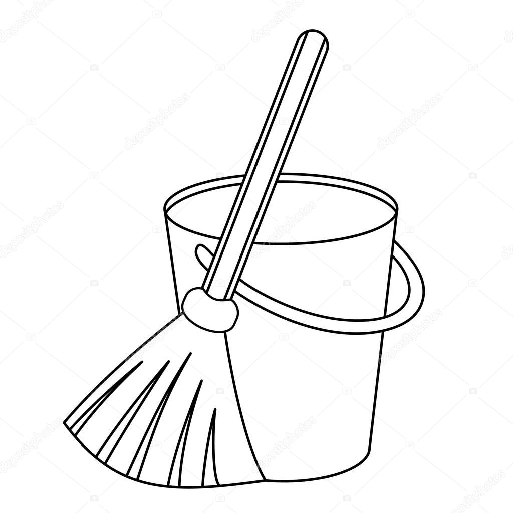 Outline icon besom with stick and pail with handle. Silhouette broom and bucket simple line vector template.  Linear style sign for mobile concept and web design. Symbol, logo illustration