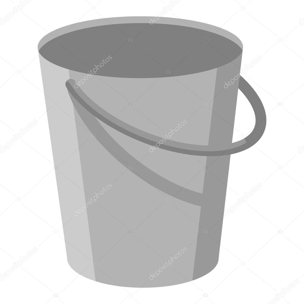 Gray metal empty bucket with a handle. Isolated white background. A bucketful for washing food, water and drink. Household chores pail. Vector flat cartoon illustration