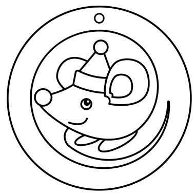 Cute christmas mouse sits coiled up in ball. Rat in santa hat. Round template for lazer or print without tail or fine outstanding details. Vector, black white outline. Winters coloring book