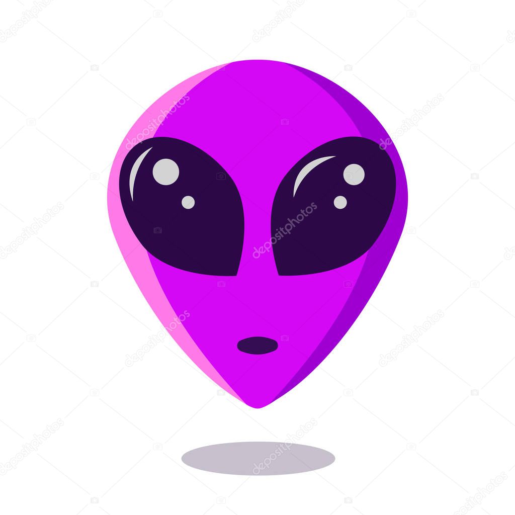 Purple alien face.Martian portrait isolated on white background Extraterrestrial humanoid head. Vector illustration of violet navigation marker with shadow for 51 area or place where ufo is detected