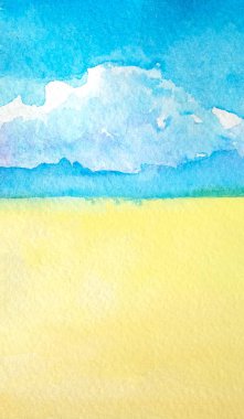 Sarı-mavi manzara. Sarı çiçekli çayır alanı ve beyaz kabarık bulutlar ile mavi güneşli gökyüzü. Suluboya