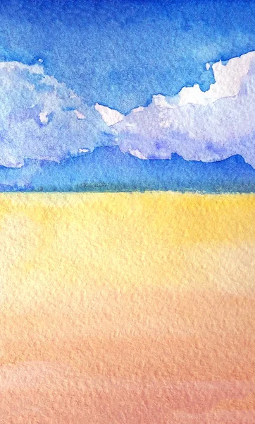Aquarela paisagem amarela e azul. Campo de prado florido amarelo e céu ensolarado azul com nuvens brancas fofas. Conceito agrícola de colheita de outono . — Fotografia de Stock