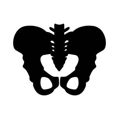 Kalça kemikleri yapısının siyah silueti. Ana pelvik kemikler - sakrum, ilium, koksiks, pubis, ischium. Beyaz arka planda yalıtılmış vektör çizimi.