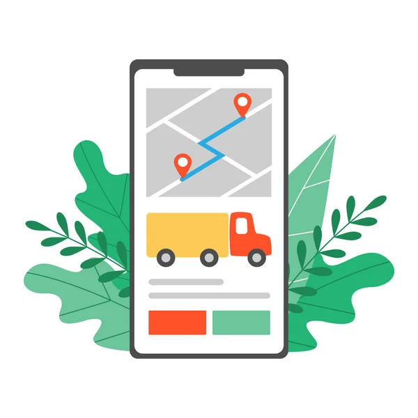 Un écran de téléphone avec une application d'appel de camion entouré de feuillage. Mobile App au choix du meilleur transporteur et chargeur pour le transport, l'envoi de fret ou de courrier. Illustration vectorielle de style plat . — Image vectorielle