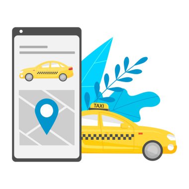 Arama ve bir şehir taksi aramak için mobil uygulama. Telefonun ekranında pin, sarı araba kabini ile bir harita. Telefonun yanında, yapraklarla çevrili bir araba. Beyaz arka planda yalıtılmış.