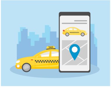 Arama ve bir şehir taksi aramak için mobil uygulama. Telefonun ekranında pin, sarı araba kabini ile bir harita. Telefonun yanında bir taksi var. Beyaz arka planda yalıtılmış.