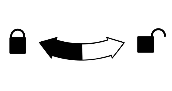 Firma abierta de cerca y una flecha semicircular entre las cerraduras. Abre la cerradura abierta a la izquierda. Derecha cerrada. Icono vectorial para web, botellas con tapas . — Archivo Imágenes Vectoriales