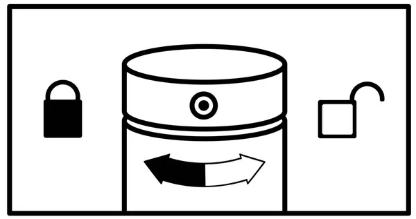 Οδηγίες για το άνοιγμα ενός μπουκαλιού αποσμητικού. Το λευκό βέλος δείχνει να ανοίγει περιστρέφοντας το κάλυμμα προς τα δεξιά. Μαύρο-κοντά στροφή αριστερά. Καπάκι ψεκασμού και κλειδαριές ανοικτά και κλειστά στις πλευρές. — Διανυσματικό Αρχείο