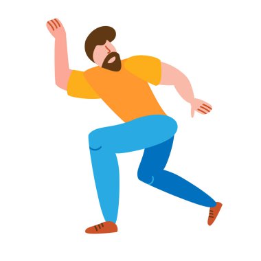 Sakallı genç dans küçük şık adam. Esmer erkek karakter dansçı sıcak kadar eğlenen. Vektör düz modern güzellik stili illüstrasyon düz simge tasarımı. Beyaz arka planda yalıtılmış. 