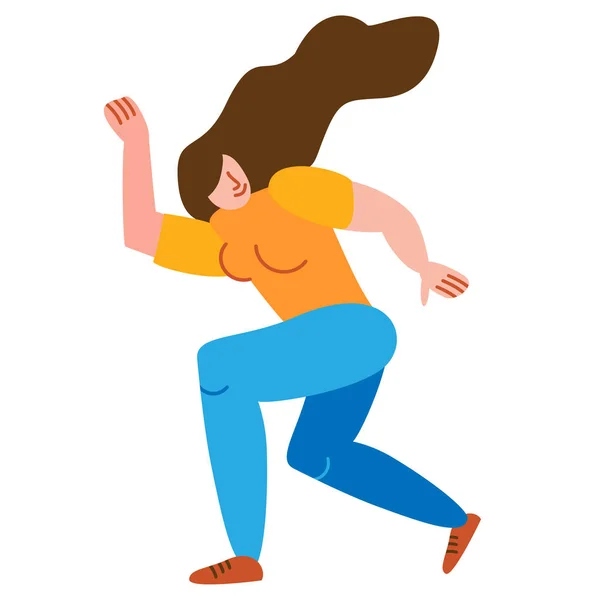 Vrouw danser verheugt en danst Victory Dance in platte stijl. Een arm omhoog. Seconde omlaag. Het hoofd wordt terug gedraaid. Brunet haar fluttering. Vector illustratie geïsoleerd op witte achtergrond. — Stockvector