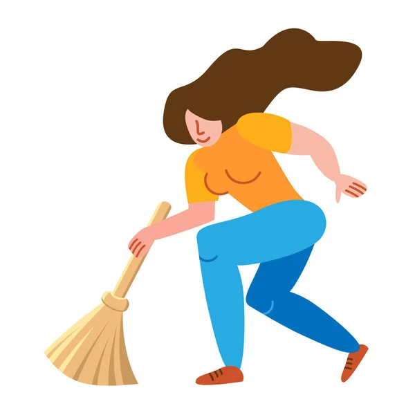 Elinde süpürgeyle yerleri temizleyen genç kadın. Ev işleri, ev işleri. Ev hanımı çamaşır ları. Temizlik servisi. Karikatür düz tarzda vektör illüstrasyon — Stok Vektör