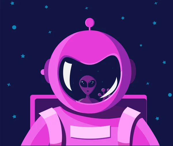 Encontro intergaláctico e interplanetário com um alienígena. Retrato de um astronauta em um traje espacial rosa com um capacete sem rosto. O obturador de astronautas reflete o rosto de um bom alienígena . —  Vetores de Stock