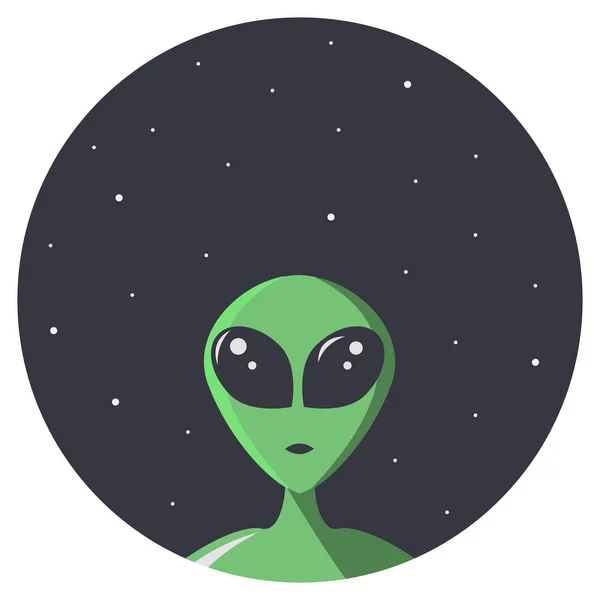 Alienígena verde com olhos grandes olha para nós através do buraco redondo do espaço com estrelas. Extraterrestre em estilo cartoon plana para t-shirt, impressão ou têxtil. Ilustração vetorial com espaço de cópia —  Vetores de Stock