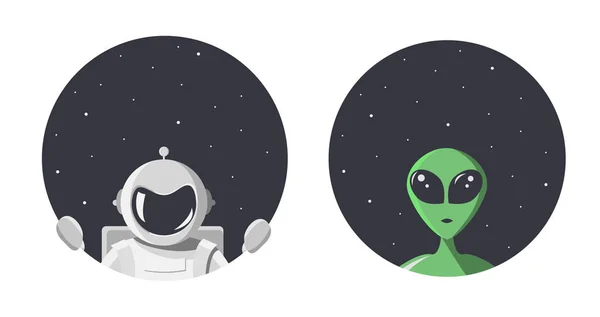 Alien e cosmonauta olham para nós através do buraco redondo do espaço com estrelas. Extraterrestre e astronauta em estilo cartoon plana para t-shirt, impressão ou têxtil. Ilustração vetorial com espaço de cópia —  Vetores de Stock
